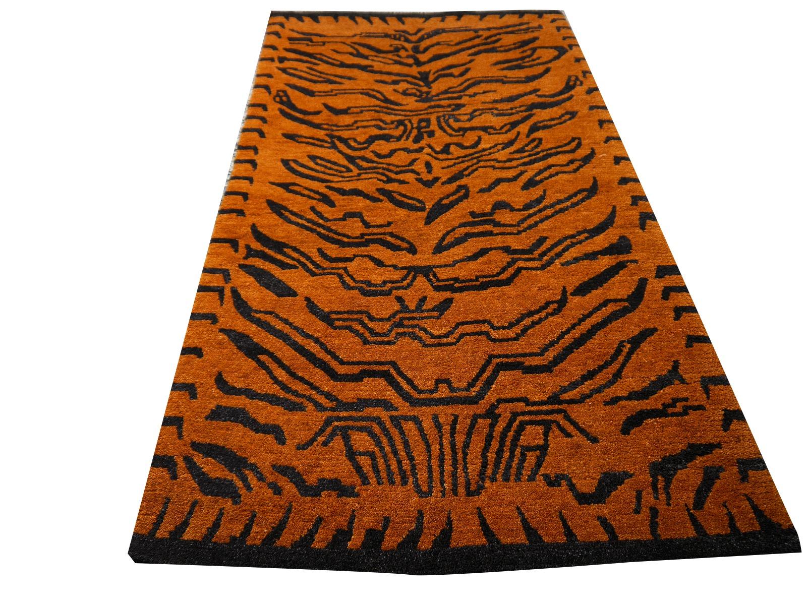 Tibetan Tiger Rug Pure Wool Hand Knotted Amber Charcoal by Djoharian Collection For Sale 1