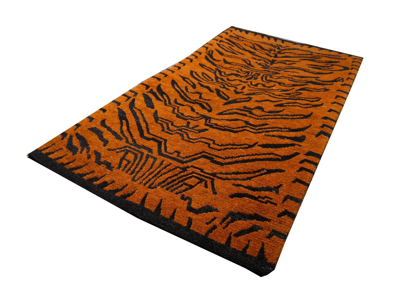 Tibetan Tiger Rug Pure Wool Hand Knotted Amber Charcoal by Djoharian Collection For Sale 2