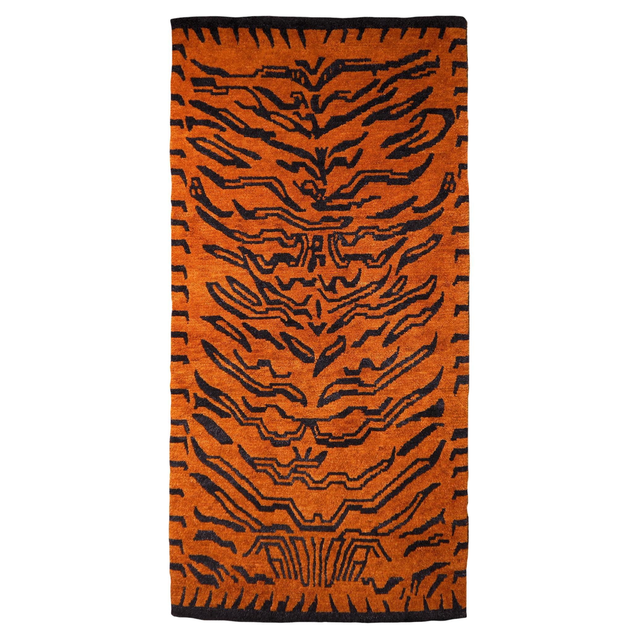 Tibetan Tiger Rug Pure Wool Hand Knotted Amber Charcoal by Djoharian Collection For Sale