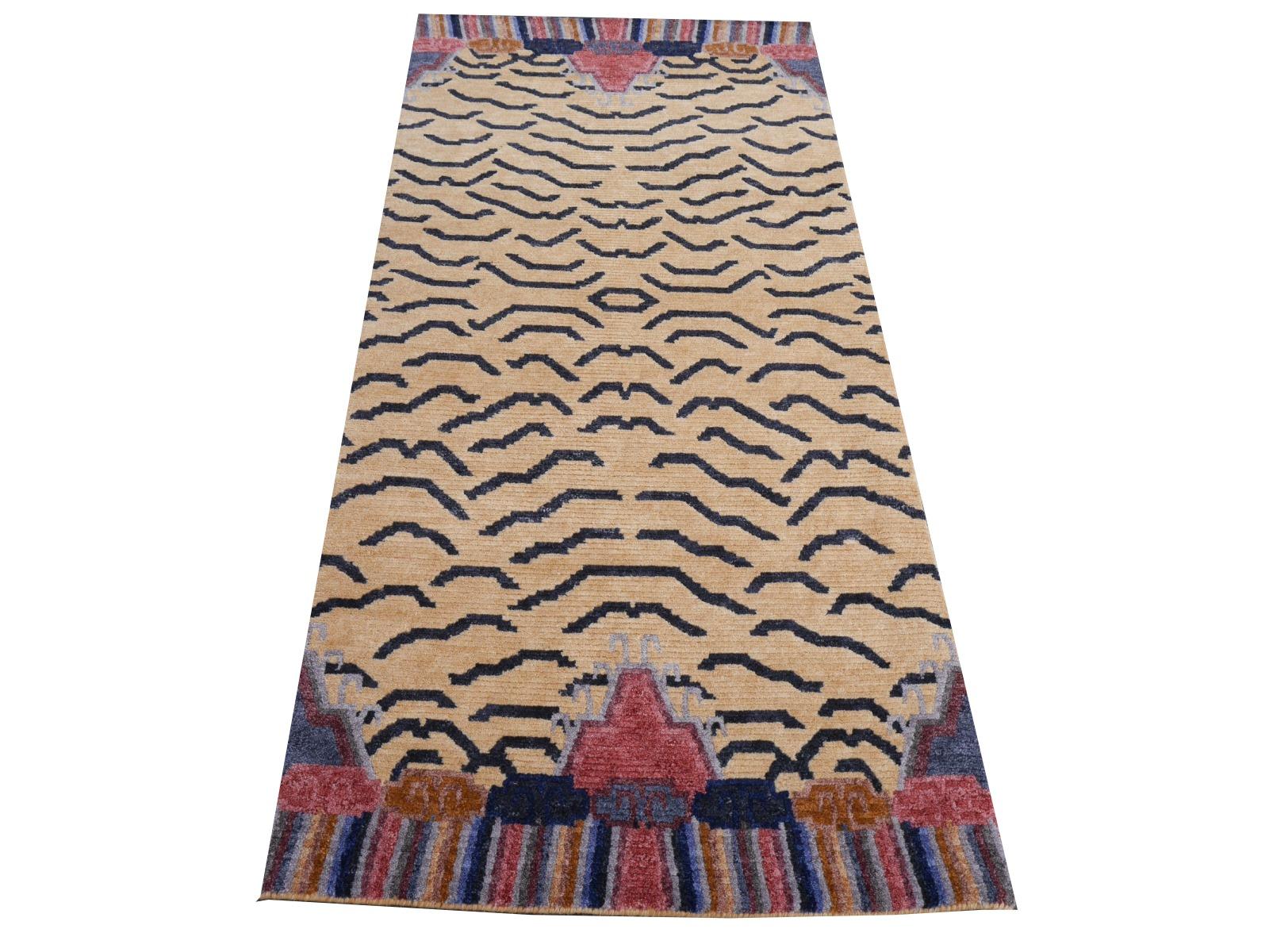 Art Deco Tibetan Tiger Rug Pure Wool Hand Knotted - Djoharian Collection Antique Design For Sale
