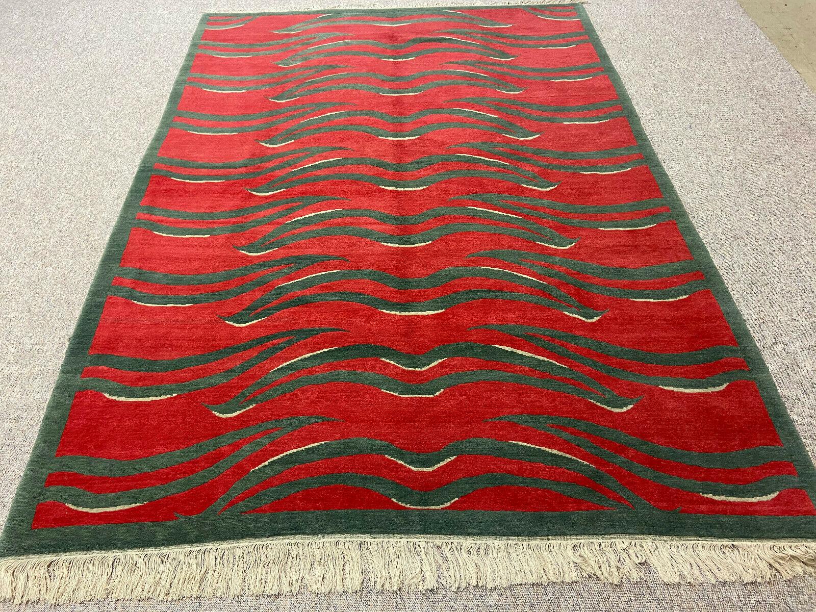 Art Deco Tibetan Tiger Rug Pure Wool Hand Knotted Red Green by Djoharian Collection For Sale