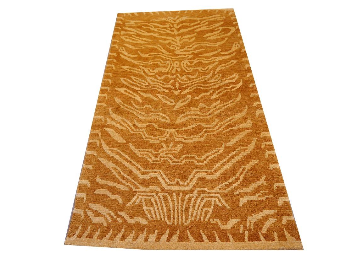 Tibetan Tiger Rug Wool and Silk 3x6 ft  by Djoharian Collection Antique Design For Sale 4