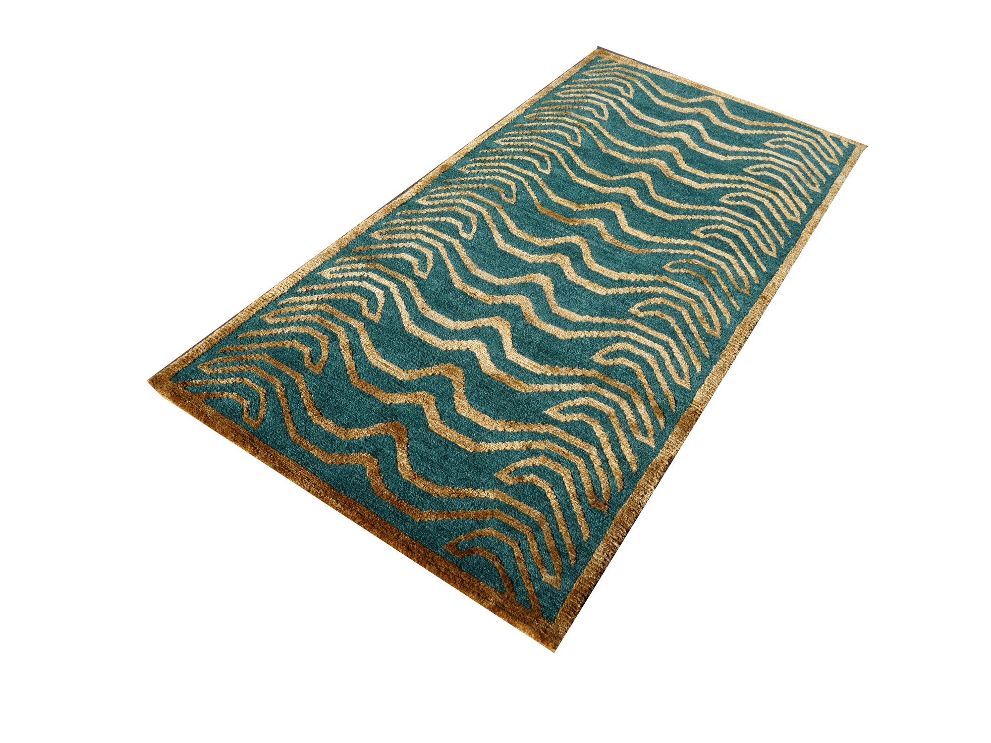 Nepalese Tibetan Tiger Rug Green Wool Gold Silk Hand Knotted by Djoharian Collection For Sale