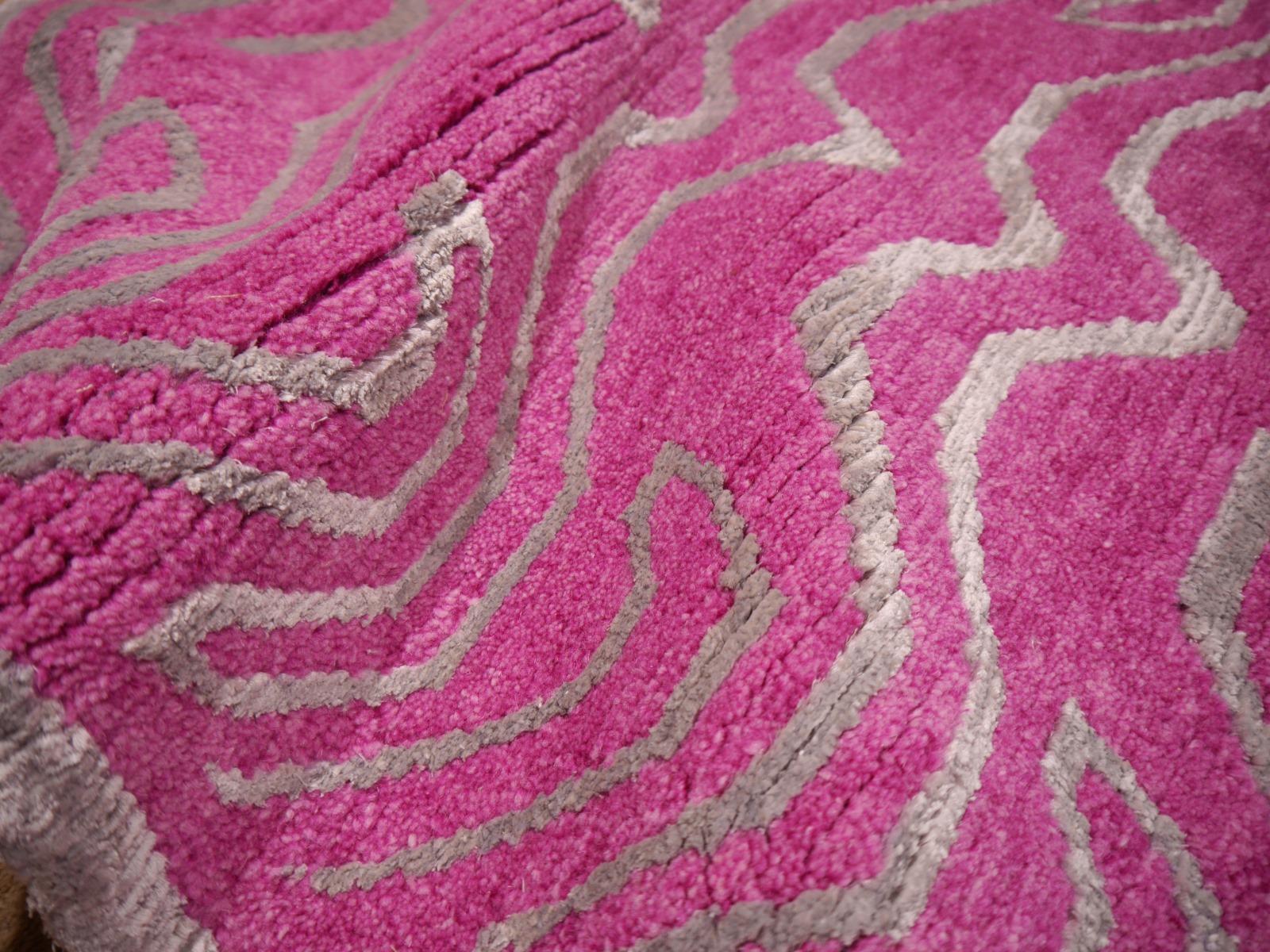 Tibetan Tiger Rug Wool Silk Hand Knotted Pink Silver by Djoharian Collection For Sale 1