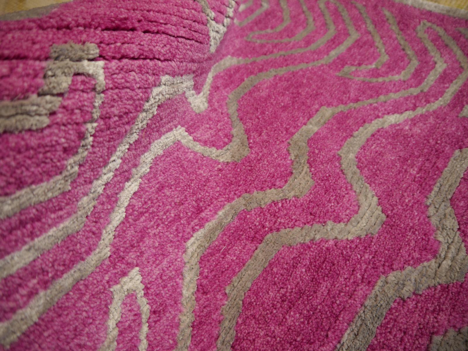 Tibetan Tiger Rug Wool Silk Hand Knotted Pink Silver by Djoharian Collection For Sale 3