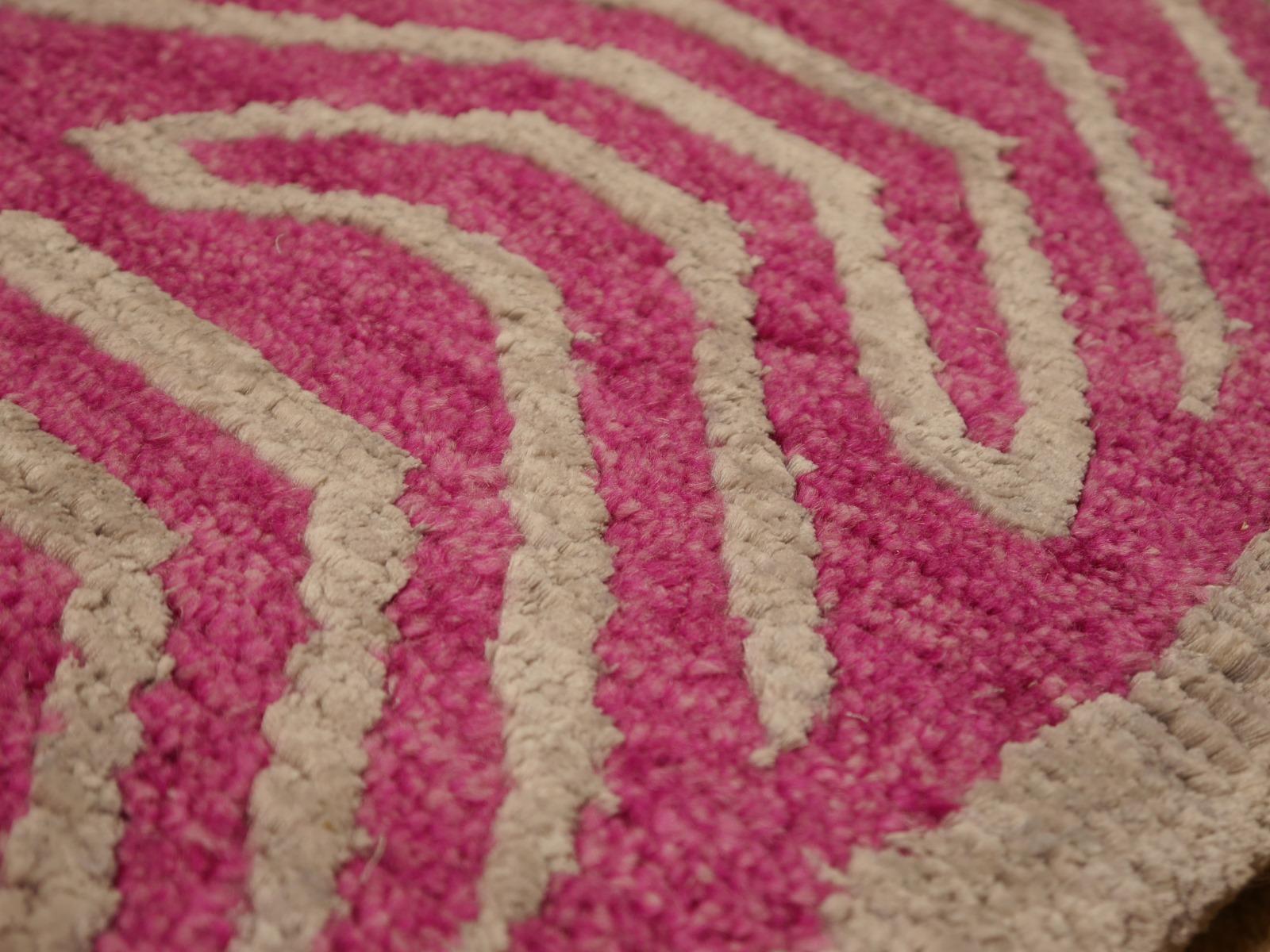 Art Deco Tibetan Tiger Rug Wool Silk Hand Knotted Pink Silver by Djoharian Collection For Sale