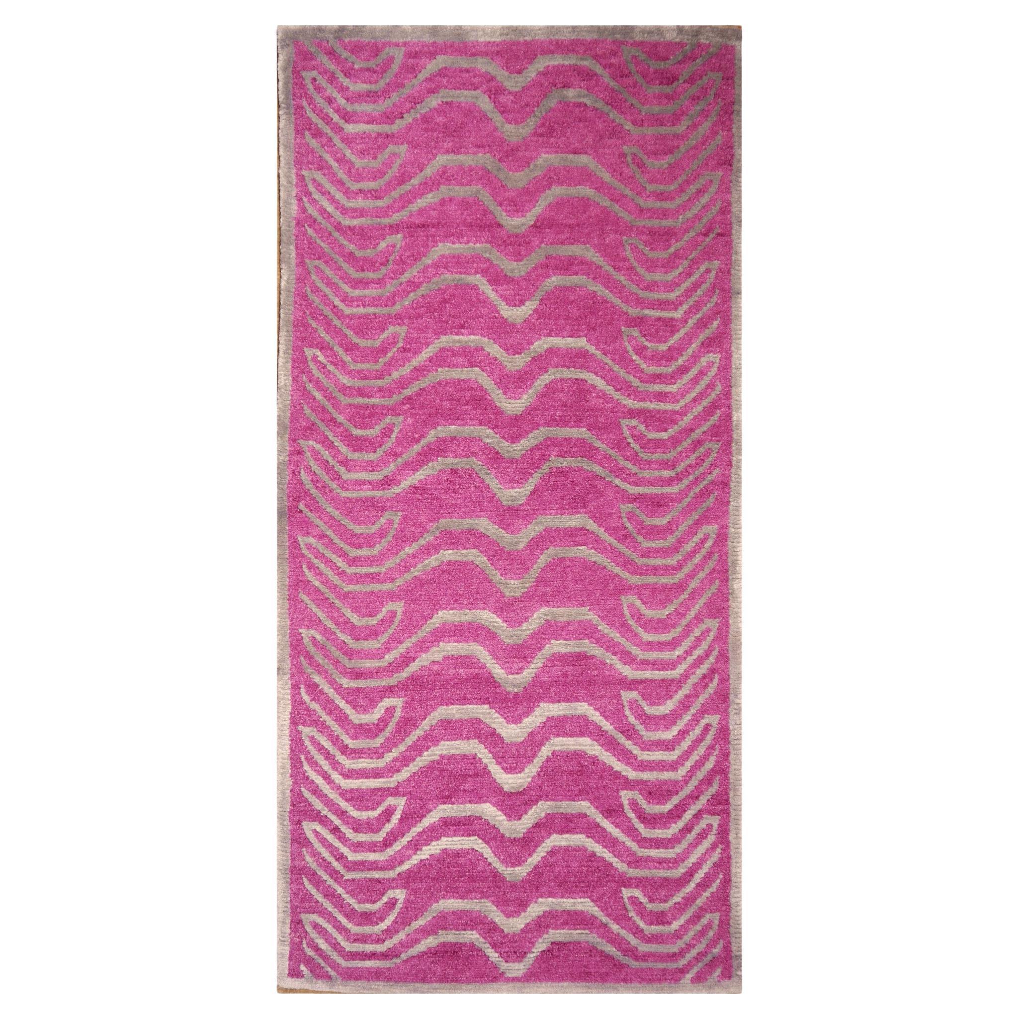 Tibetan Tiger Rug Wool Silk Hand Knotted Pink Silver by Djoharian Collection