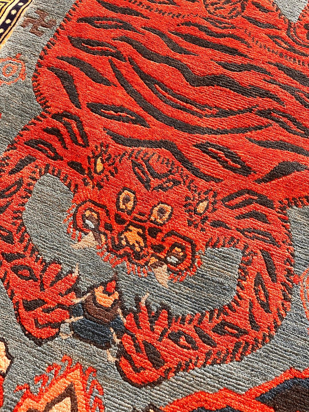 Hand-Knotted Tibetan tiger skin rug with multicolor cloud border For Sale