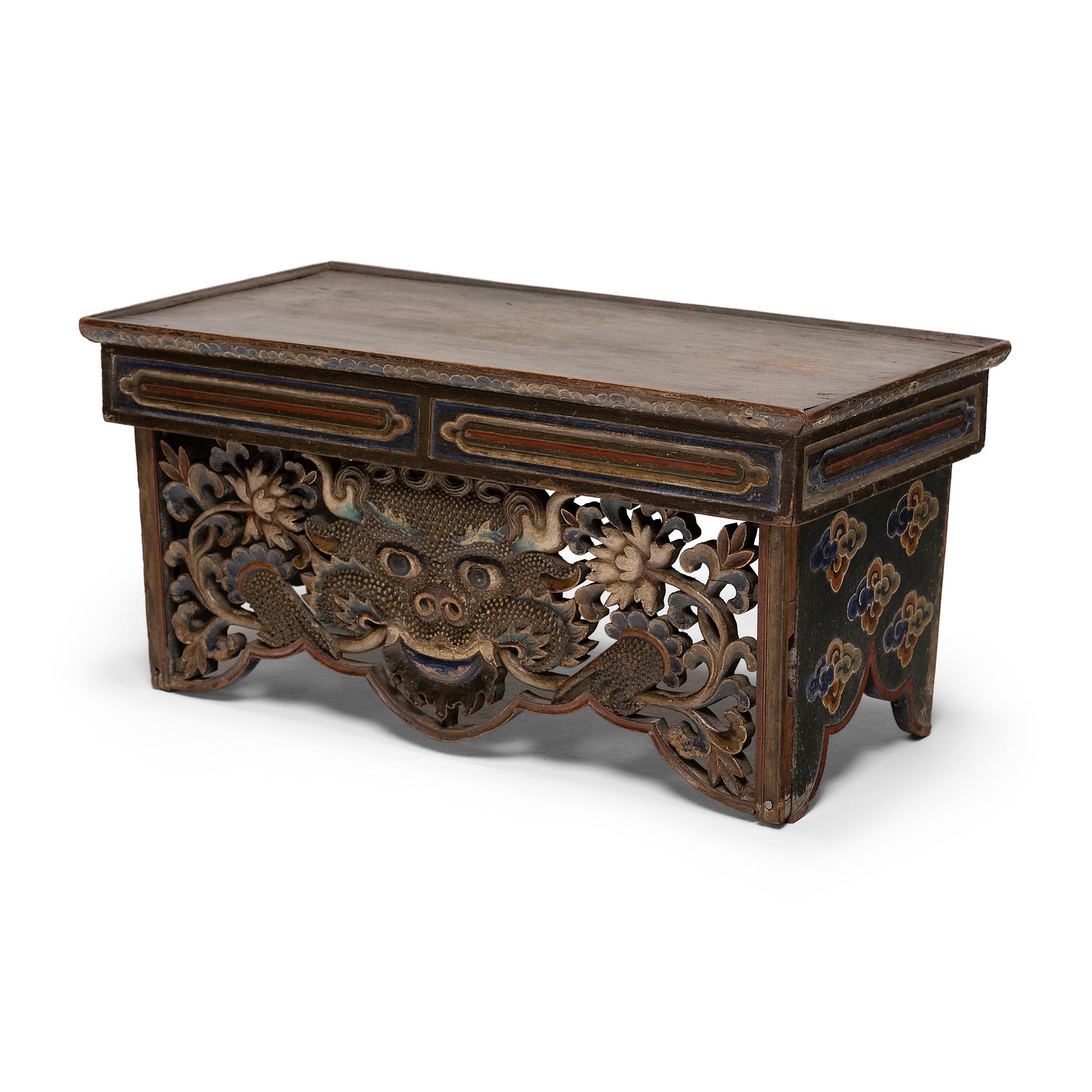 Hand-Carved Tibetan Traveler's Table with Face of Glory, c. 1900 For Sale