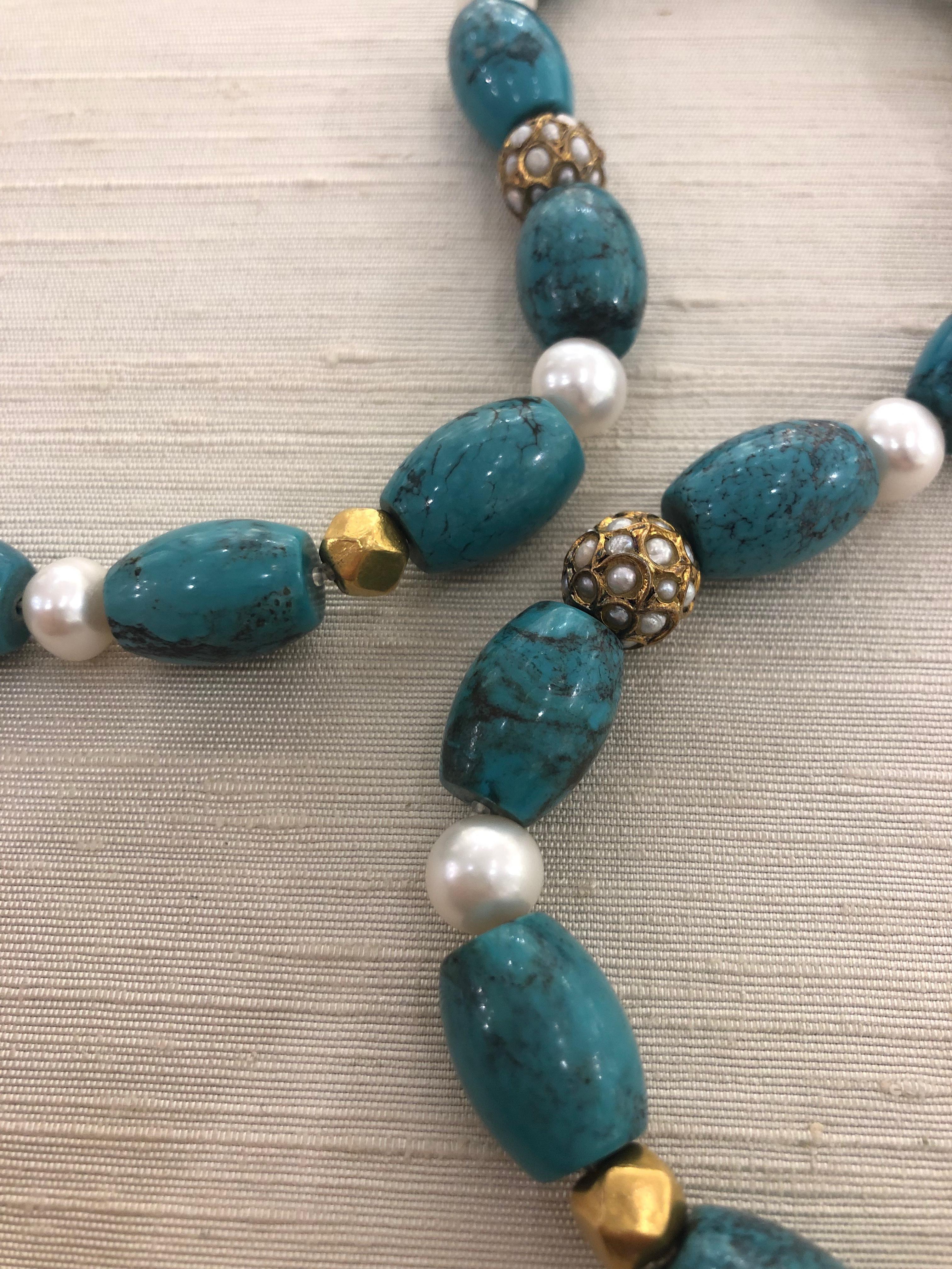 Women's Necklace Tibetan Turquoise, Freshwater Pearls, Seed Pearl & 18 Karat Gold Beads