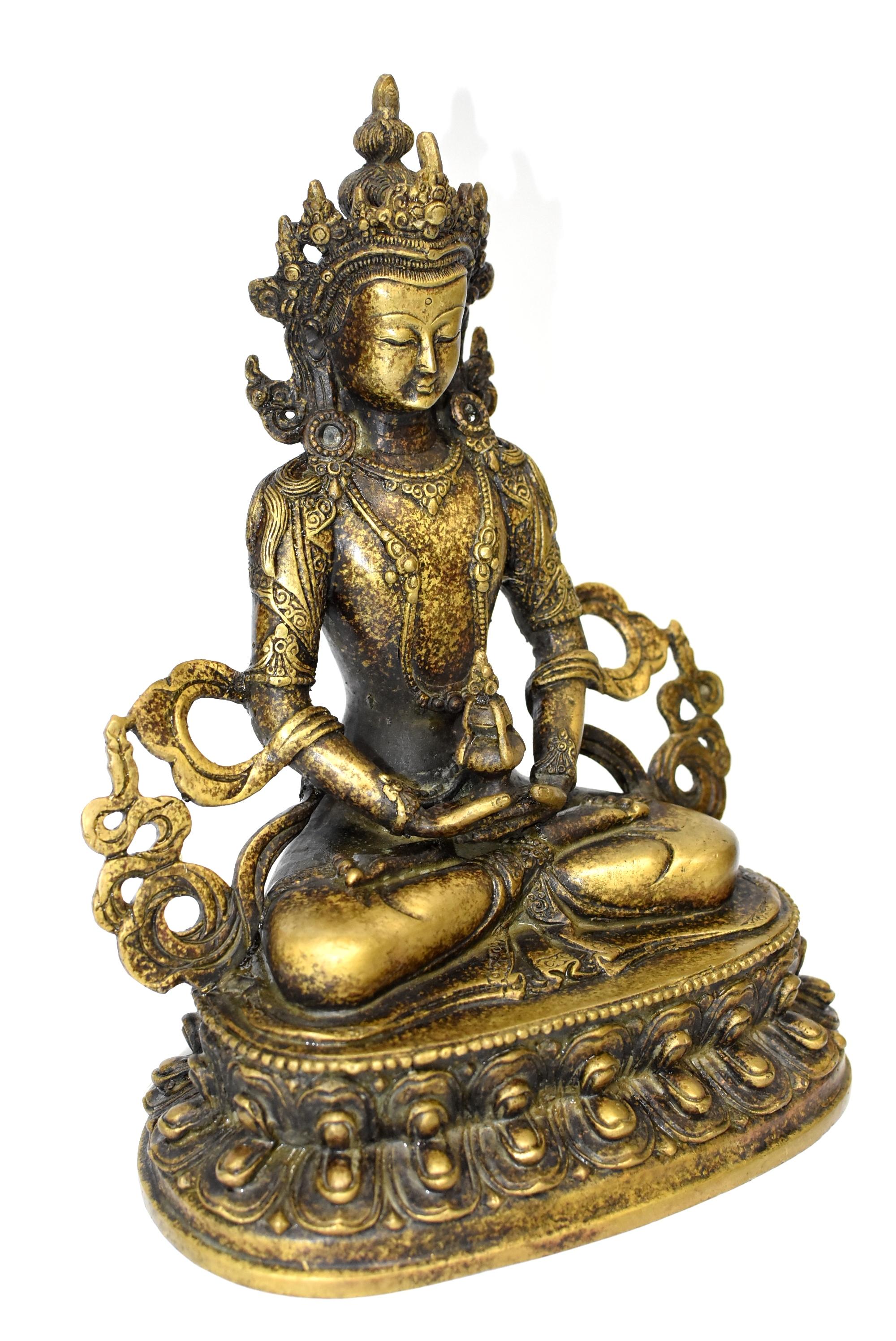 A beautiful, large, gold finish bronze sculpture of Amitayus Buddha. The god of longevity, he brings blessings of long life. Fully adorned with necklaces, cuffs, crown and sashes decorated with rosettes, pearls and medallions. Refined facial feature