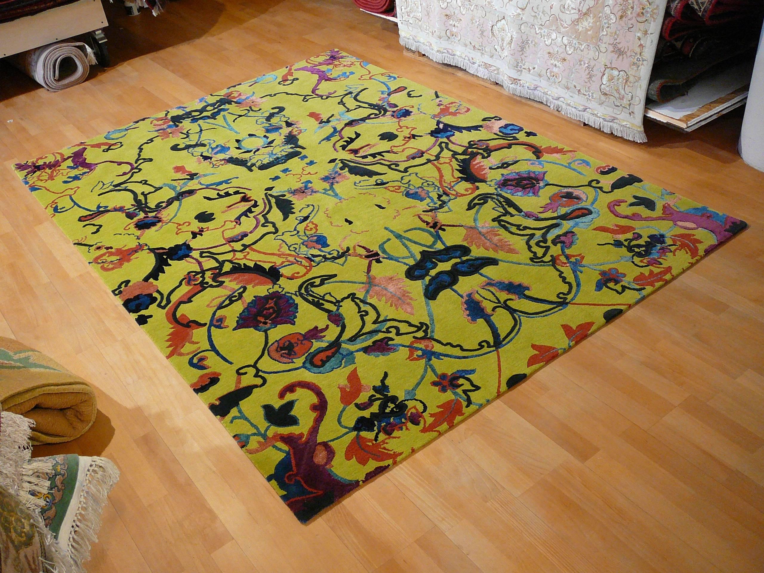 Hand-Knotted Tibetan Wool and Silk Rug Custom made up Green Lilac, Blue  For Sale