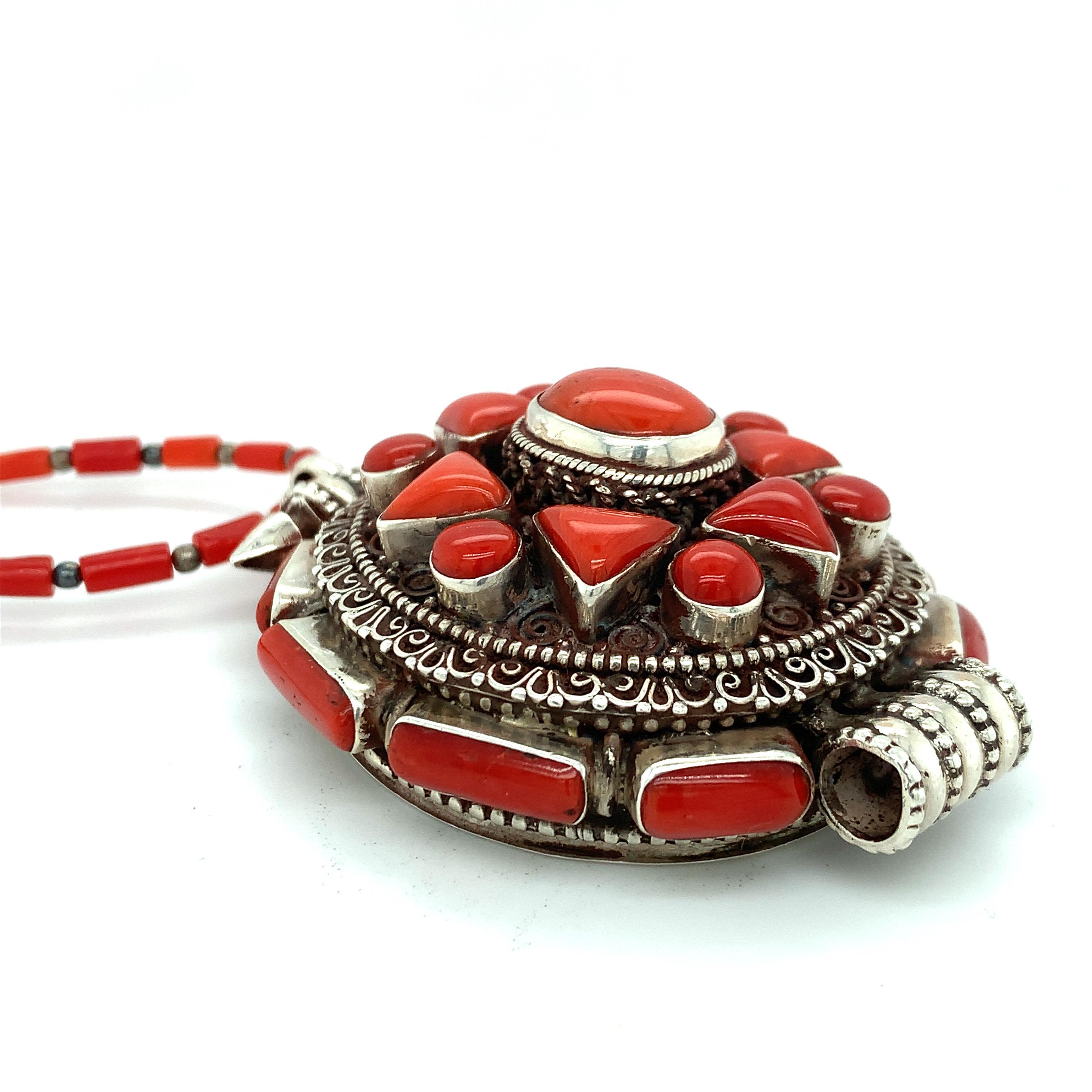 Women's or Men's Tibetian Ghau Coral Pendant For Sale