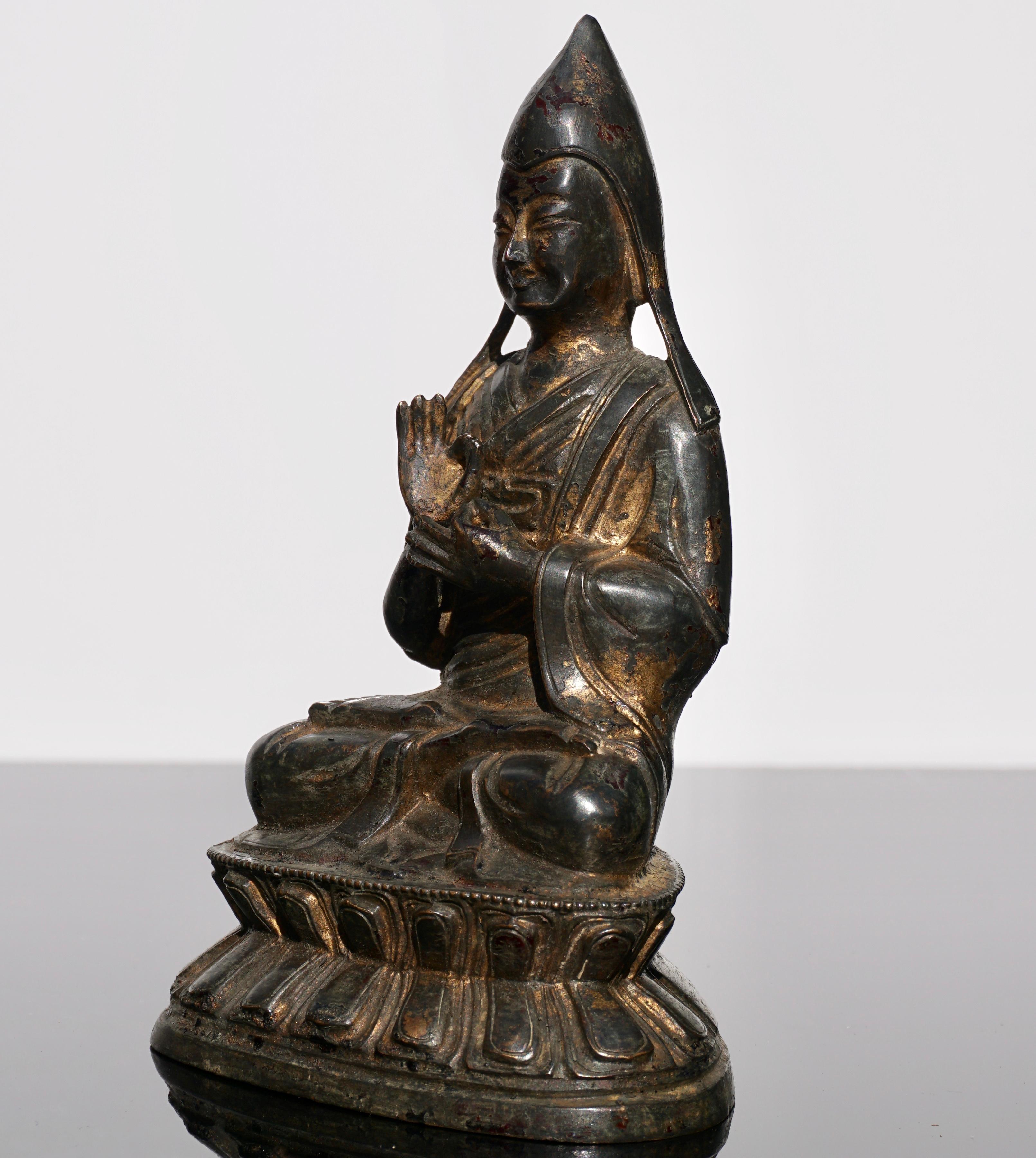 Tibetan Tibeto Chinese 18th-19th Century Gild Bronze Tsong Khapa Statue