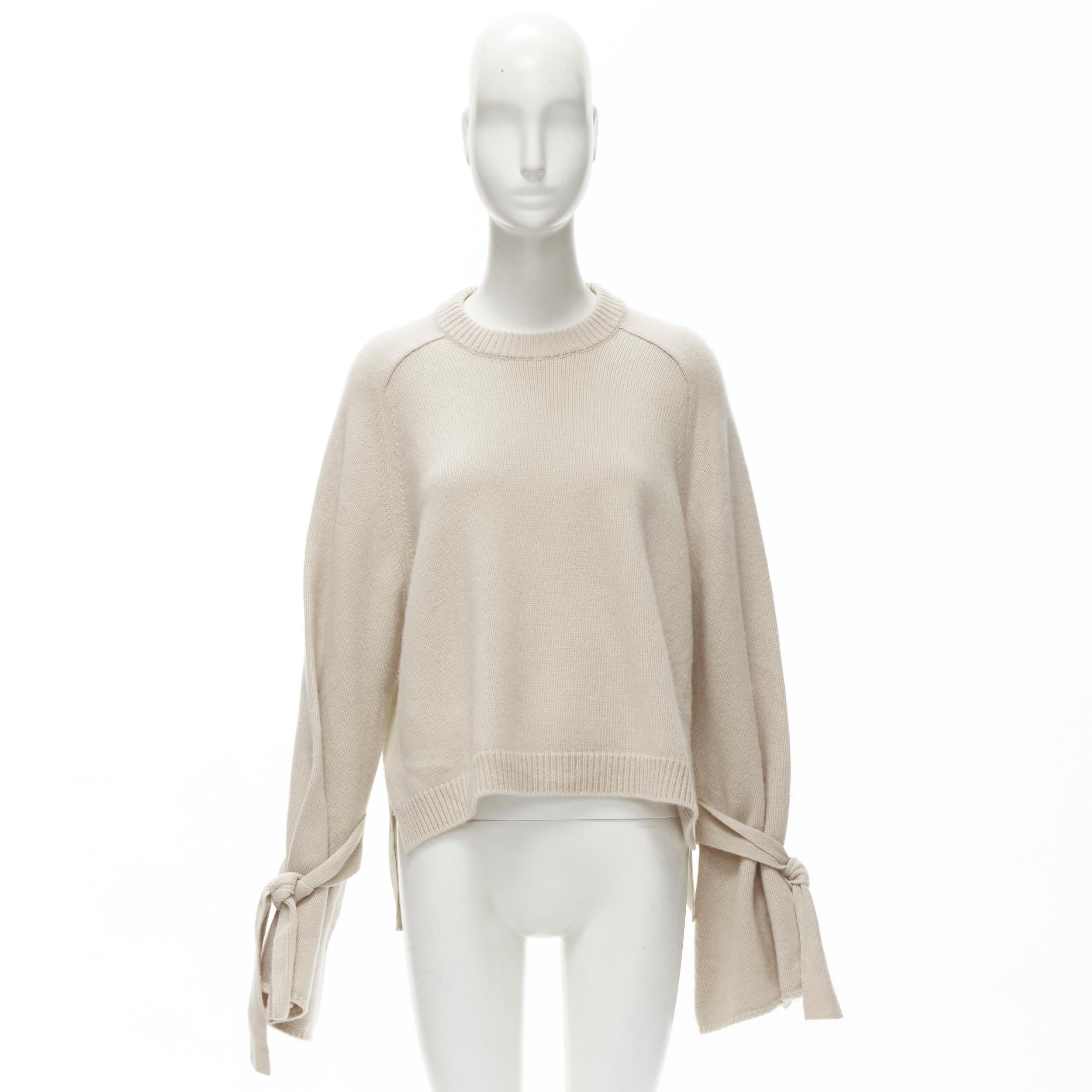 TIBI 100% cashmere beige contrast bow tie cuff oversized sweater S For Sale 6