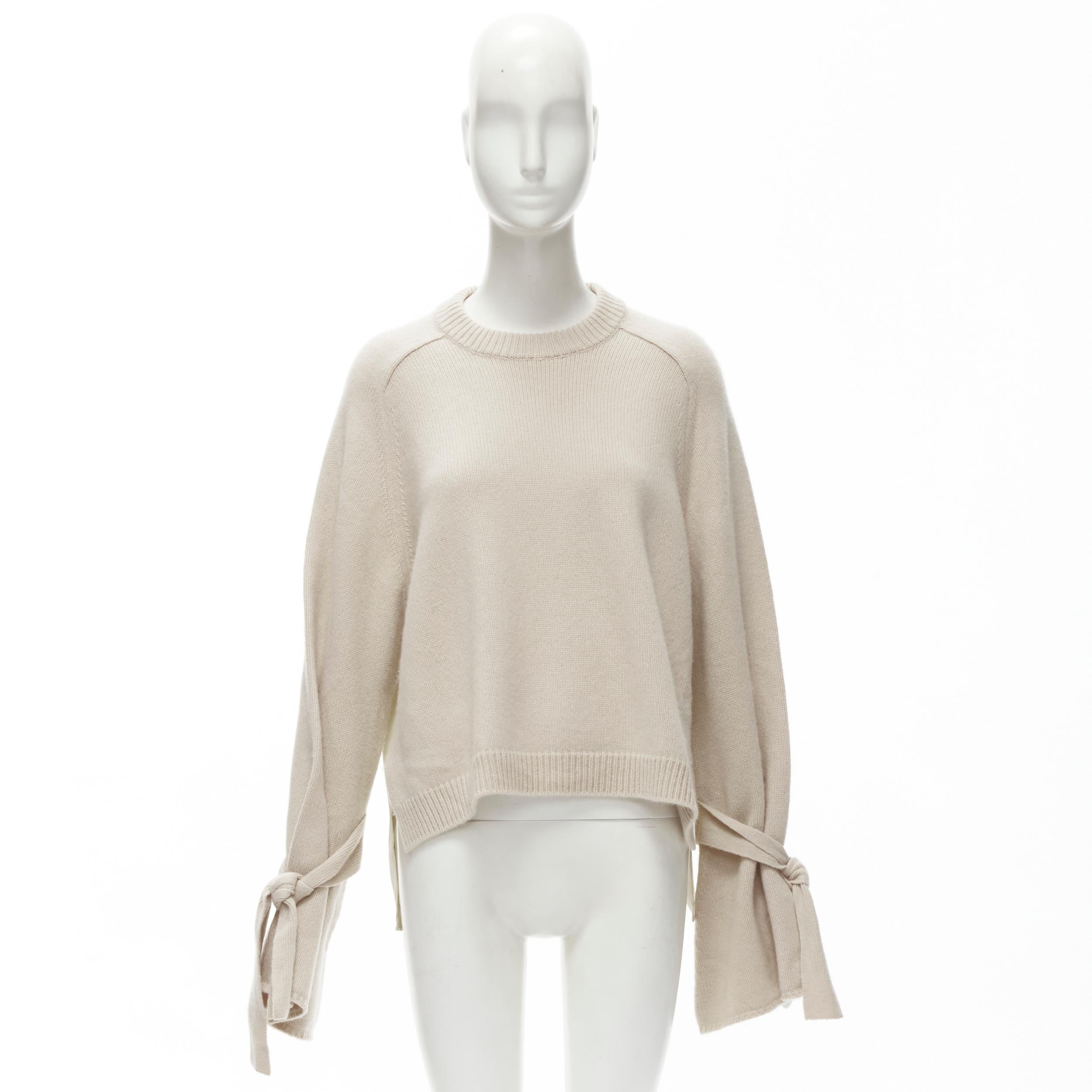 TIBI 100% cashmere beige contrast bow tie cuff oversized sweater S For Sale 5