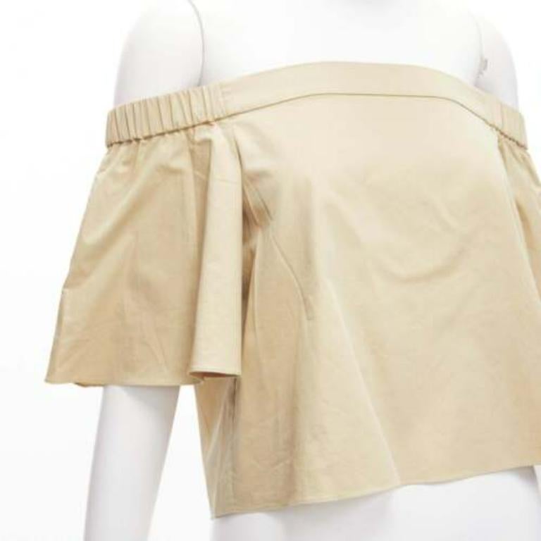 Beige TIBI 100% cotton khaki off shoulder bell sleeves flared cropped top US0 XS For Sale