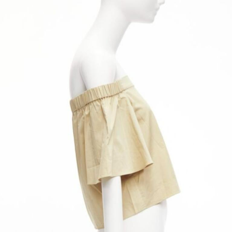 TIBI 100% cotton khaki off shoulder bell sleeves flared cropped top US0 XS In Excellent Condition For Sale In Hong Kong, NT