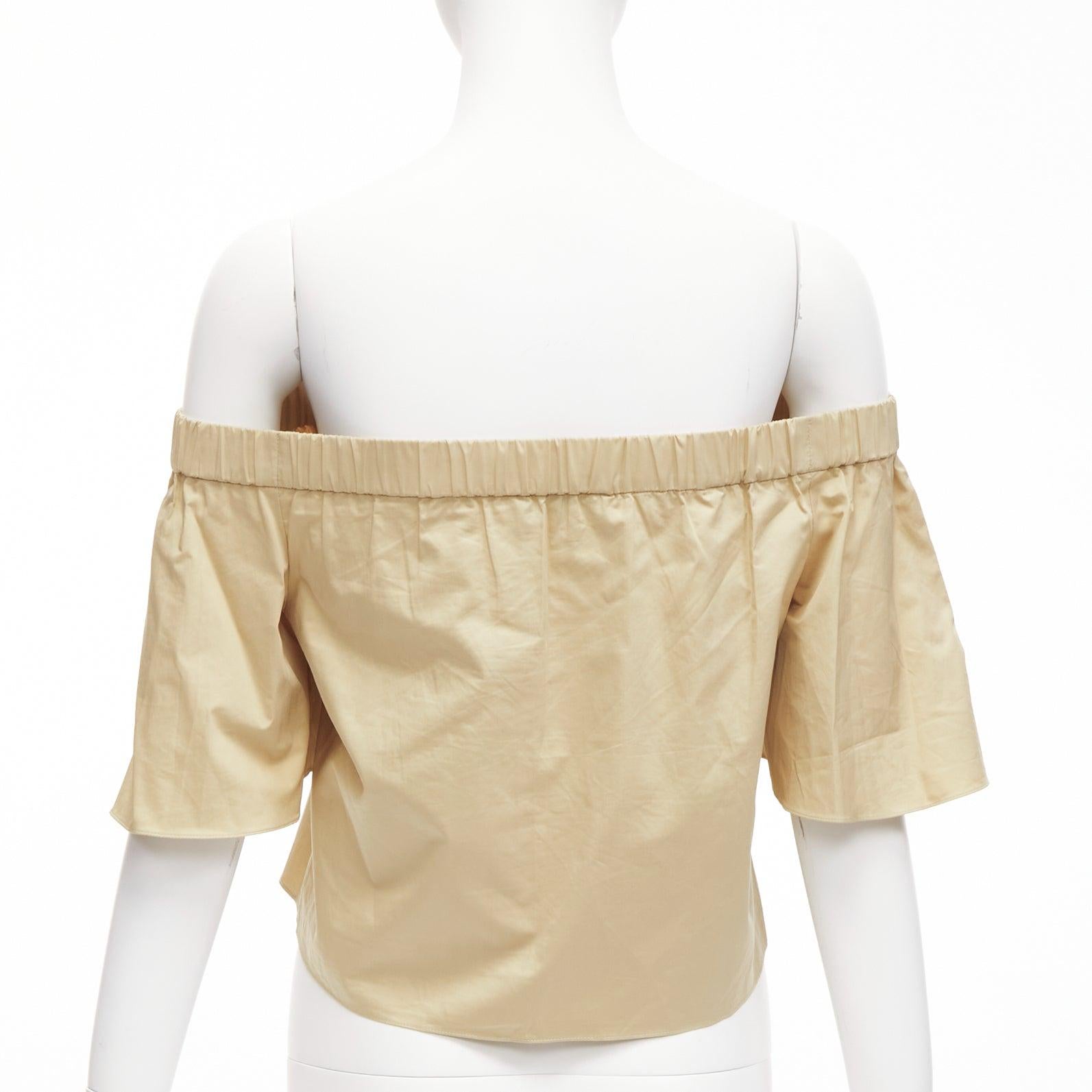 Women's TIBI 100% cotton khaki off shoulder bell sleeves flared cropped top US0 XS For Sale