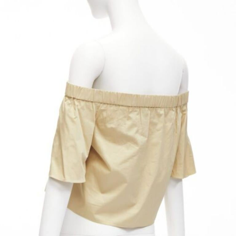 TIBI 100% cotton khaki off shoulder bell sleeves flared cropped top US0 XS For Sale 1