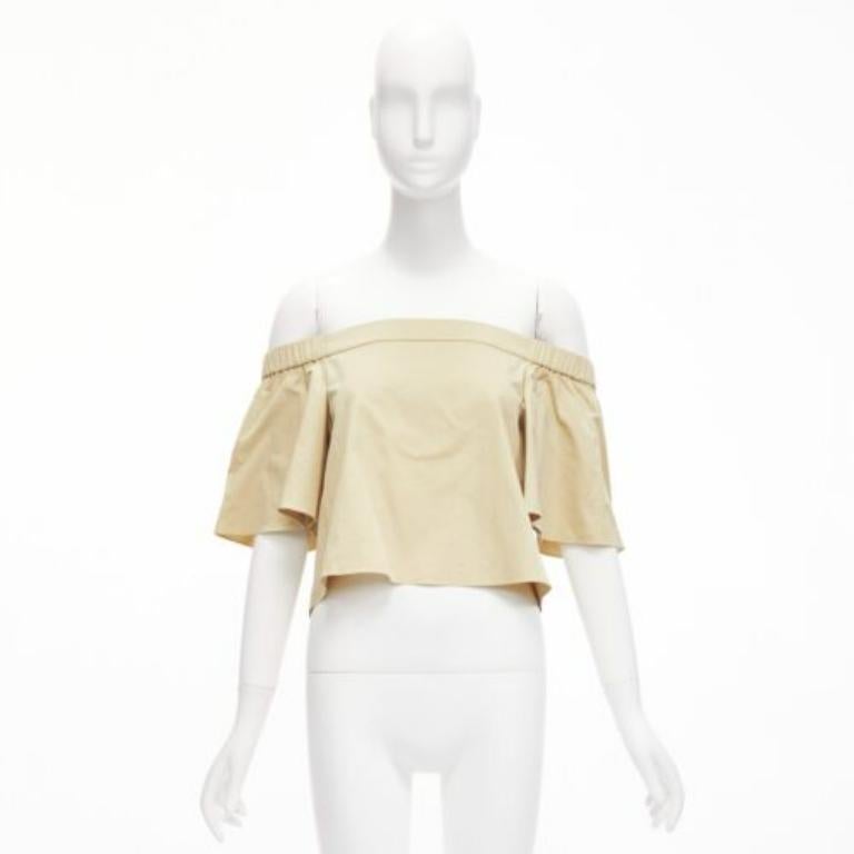 TIBI 100% cotton khaki off shoulder bell sleeves flared cropped top US0 XS For Sale 4