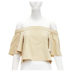 TIBI 100% cotton khaki off shoulder bell sleeves flared cropped top US0 XS