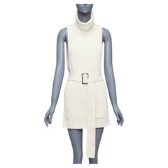 TIBI 100% merino wool cream ribbed belted side cut out funnel collar vest XS