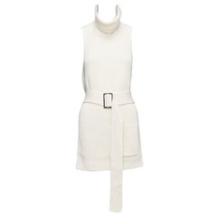 TIBI 100% merino wool cream ribbed belted side cut out funnel collar vest XS
