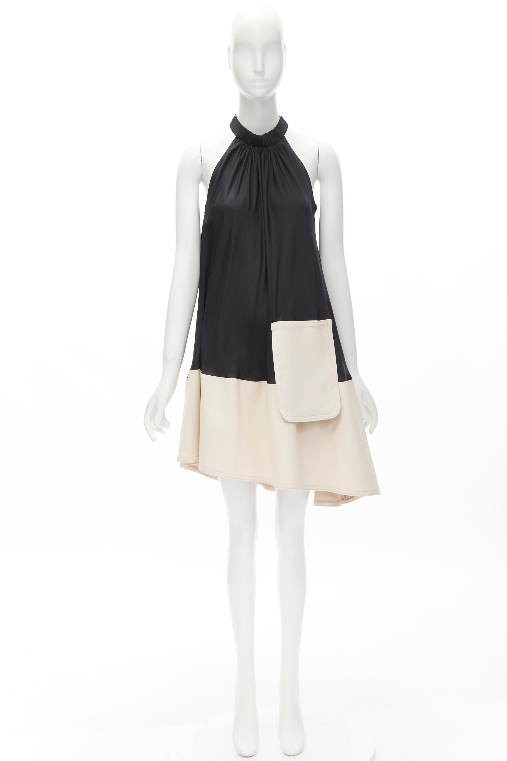 TIBI black beige polyester patch pocket buckle halter A-line dress US2 S For Sale 4