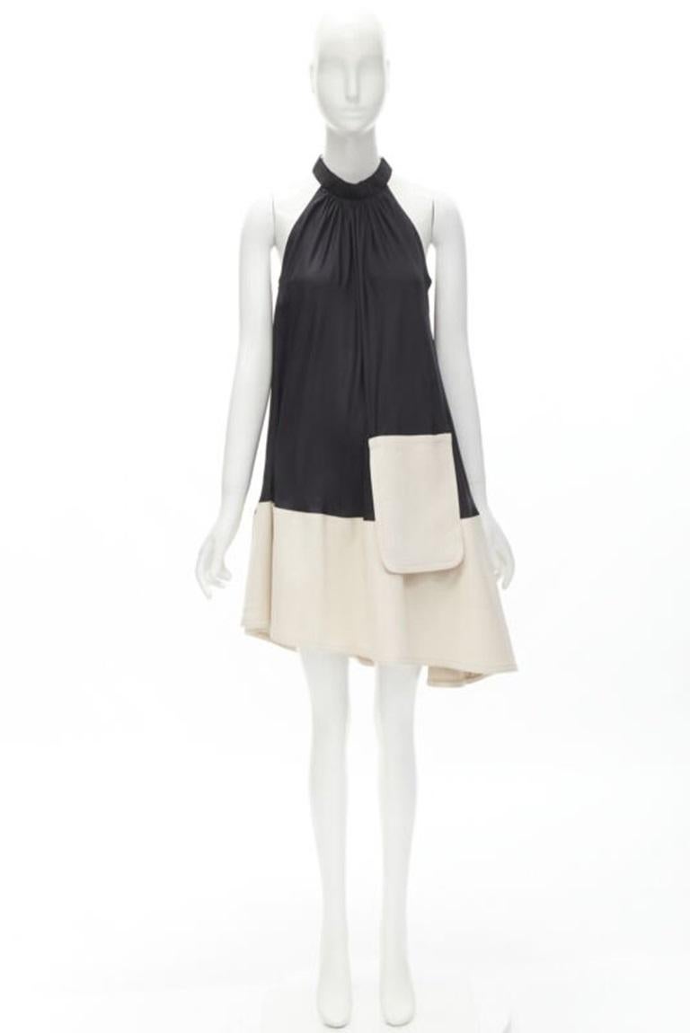 TIBI black beige polyester patch pocket buckle halter A-line dress US2 S For Sale 5
