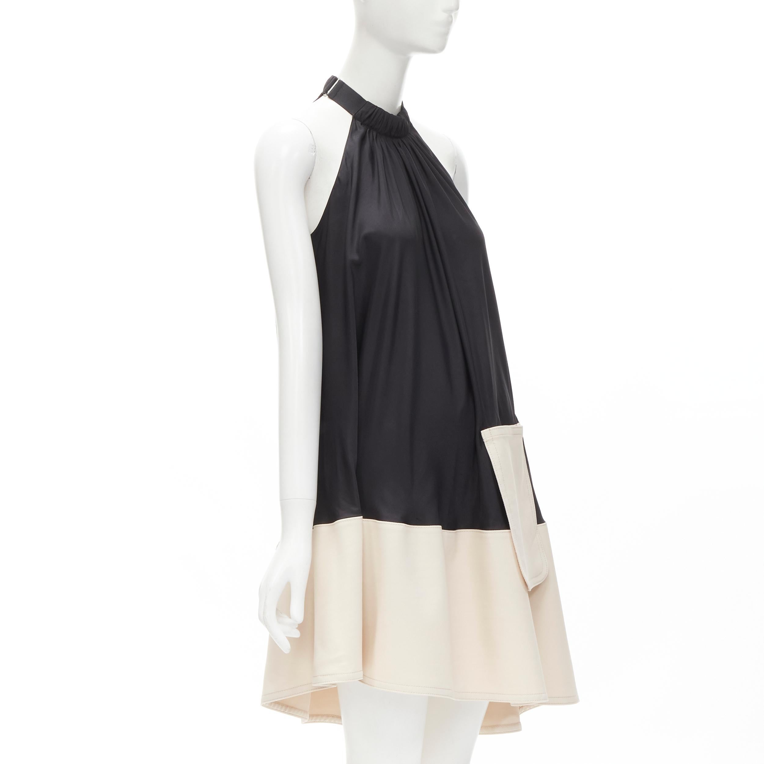 TIBI Schwarz-beigefarbenes A-Linien-Kleid aus Polyester mit Patch-Taschenschnalle US2 S (Beige) im Angebot