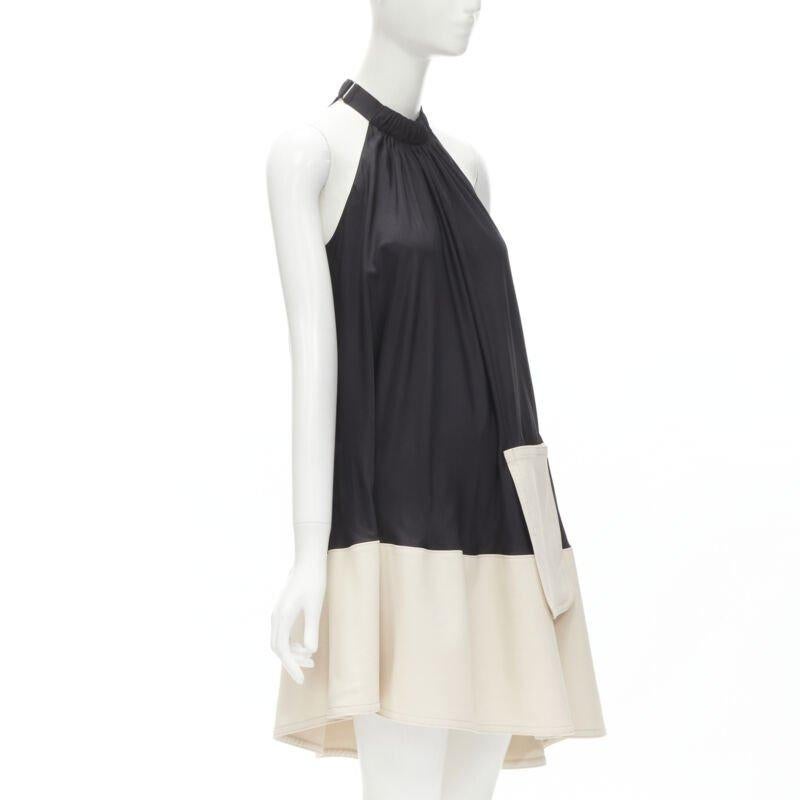 Black TIBI black beige polyester patch pocket buckle halter A-line dress US2 S For Sale