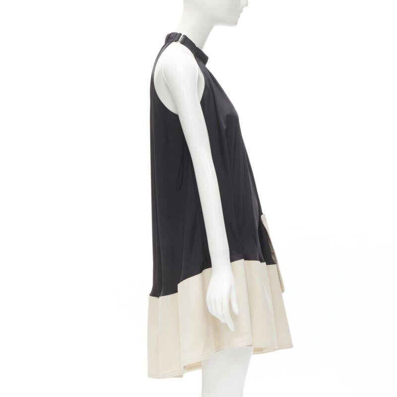 TIBI black beige polyester patch pocket buckle halter A-line dress US2 S In Excellent Condition For Sale In Hong Kong, NT