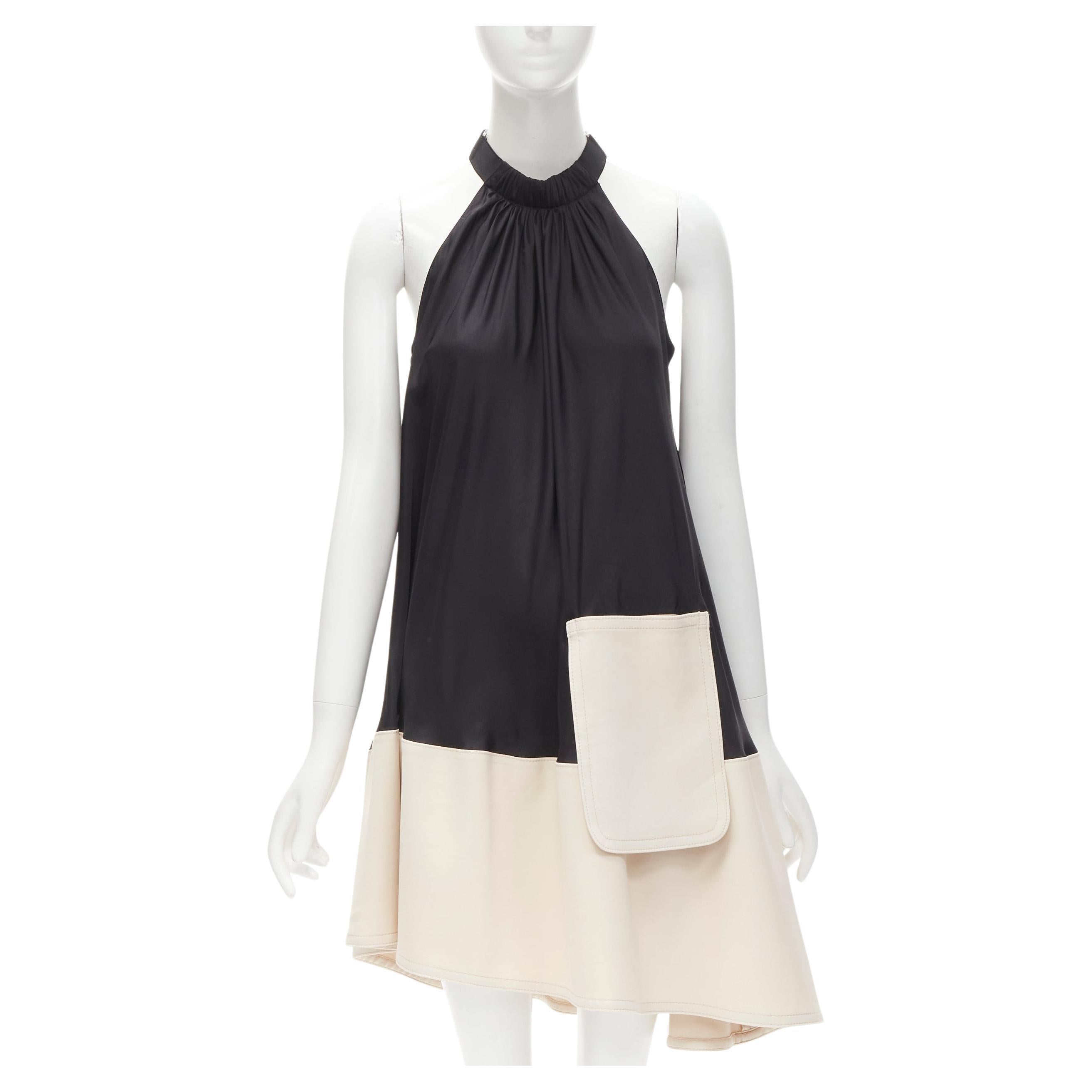 TIBI black beige polyester patch pocket buckle halter A-line dress US2 S For Sale