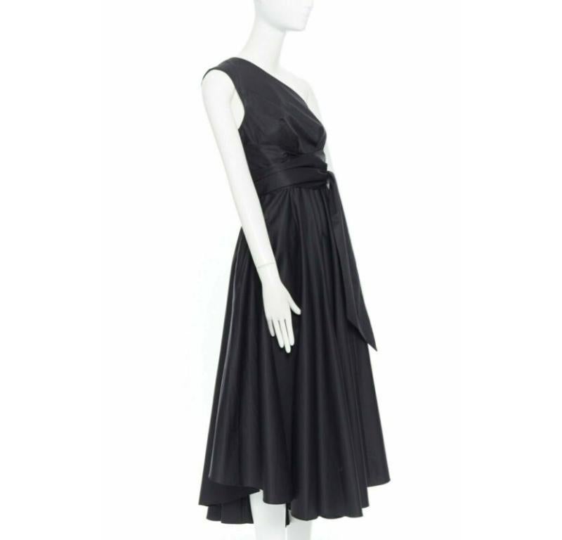 Black TIBI black cotton fit flare dress one shoulder asymmetrical pleat skirt US0 XS For Sale