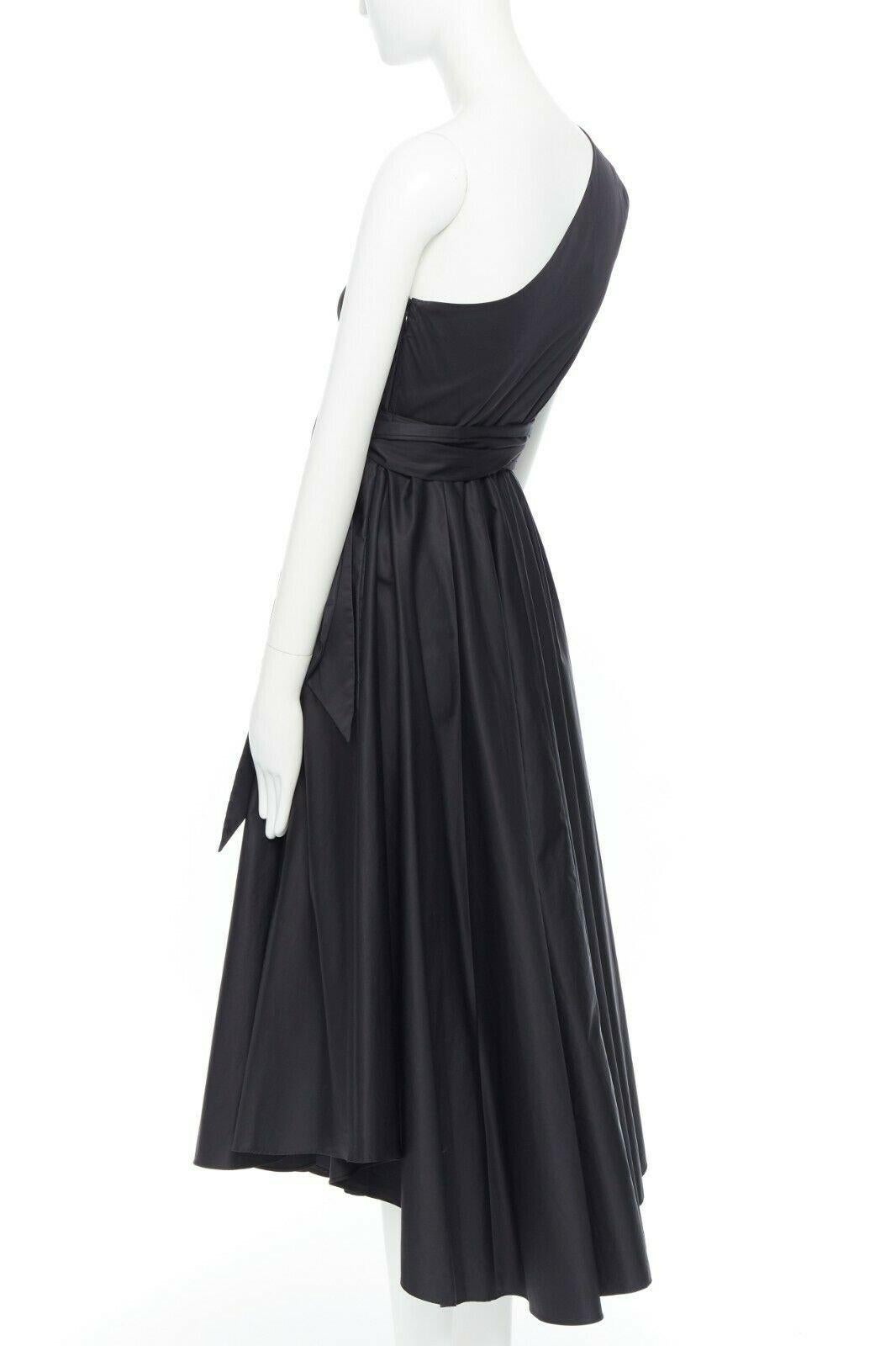 Black TIBI black cotton fit flare dress one shoulder asymmetrical pleat skirt US0 XS For Sale
