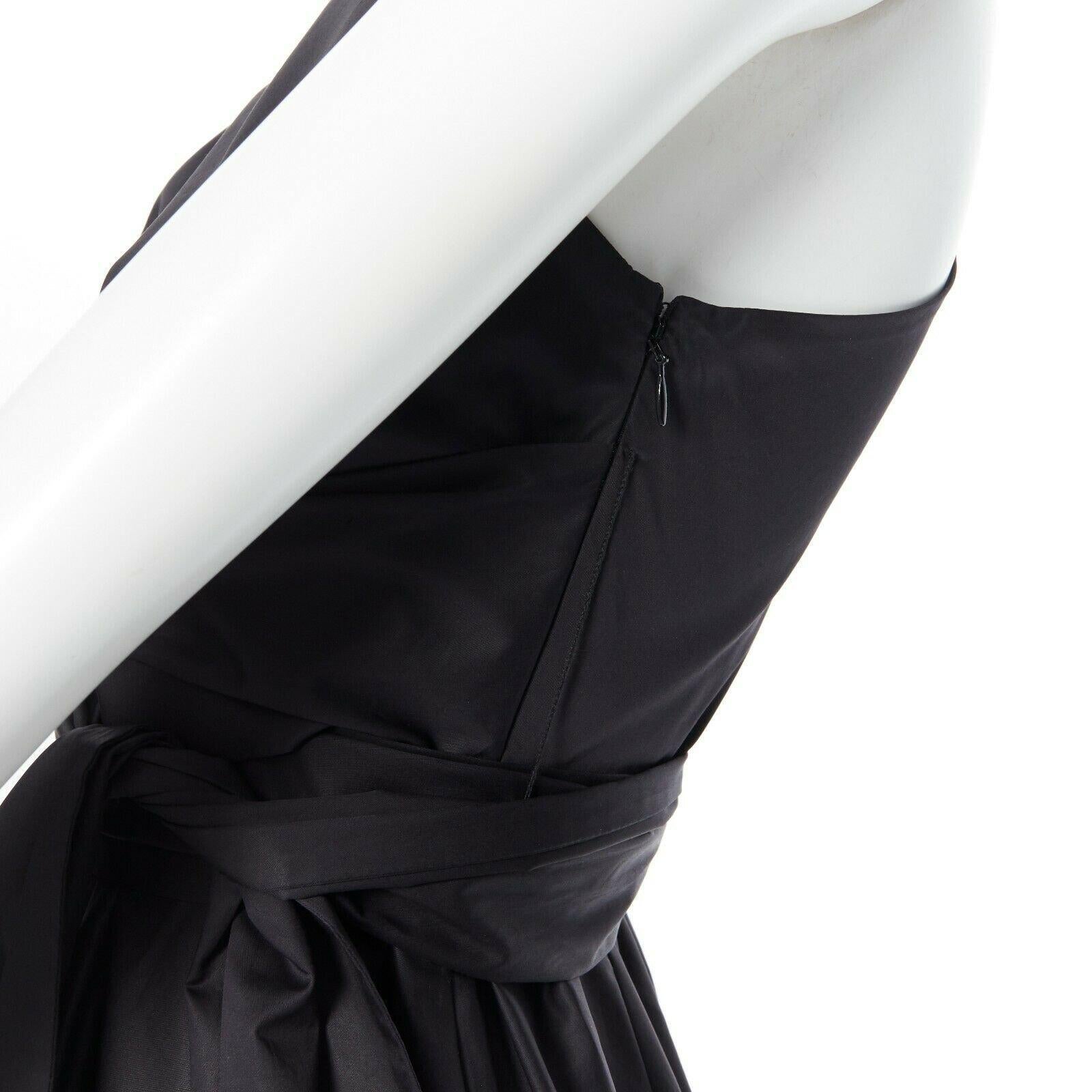 TIBI black cotton fit flare dress one shoulder asymmetrical pleat skirt US0 XS In Good Condition For Sale In Hong Kong, NT