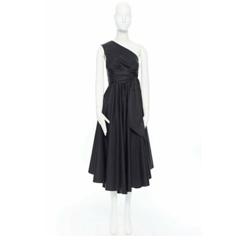 TIBI black cotton fit flare dress one shoulder asymmetrical pleat skirt US0 XS For Sale 4
