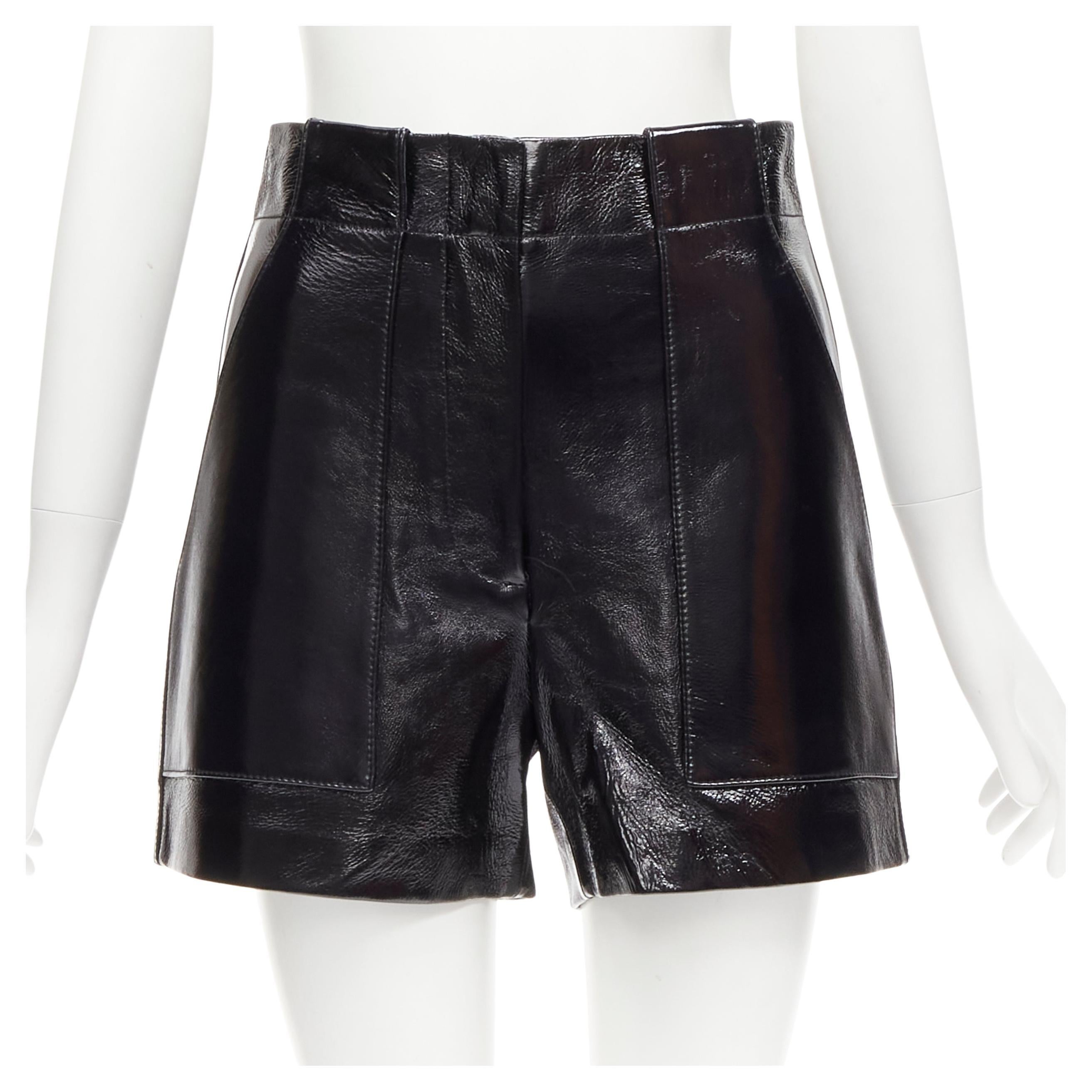 TIBI black patent lambskin leather high waist paneled shorts US0 XS For Sale