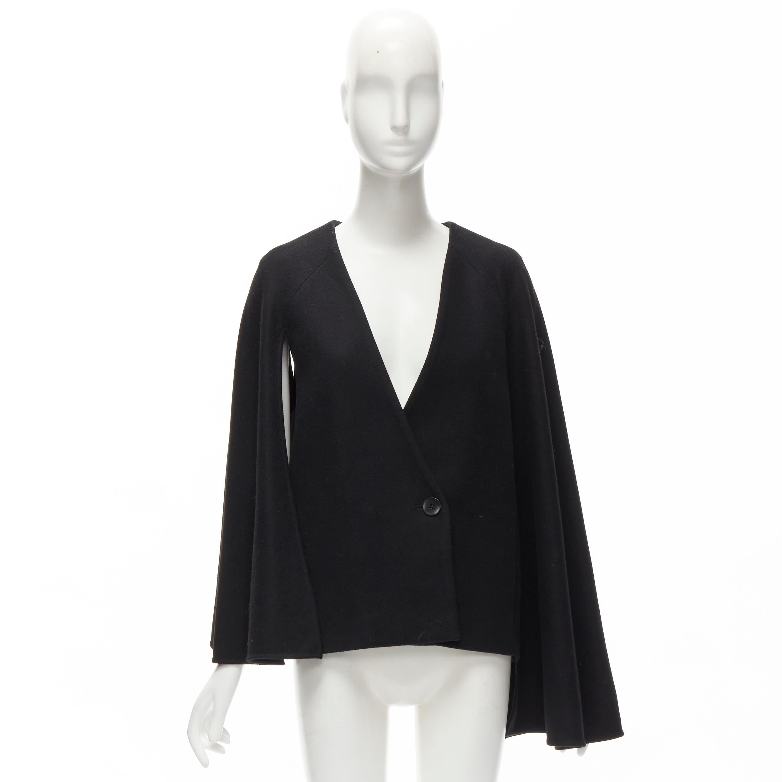 TIBI black virgin wool blend asymmetric cape sleeve button blazer jacket S For Sale 5