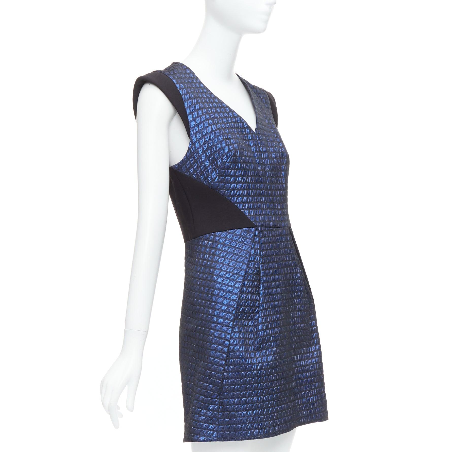 Purple TIBI blue black quilted lurex jacquard V-neck mini dress US6 M For Sale