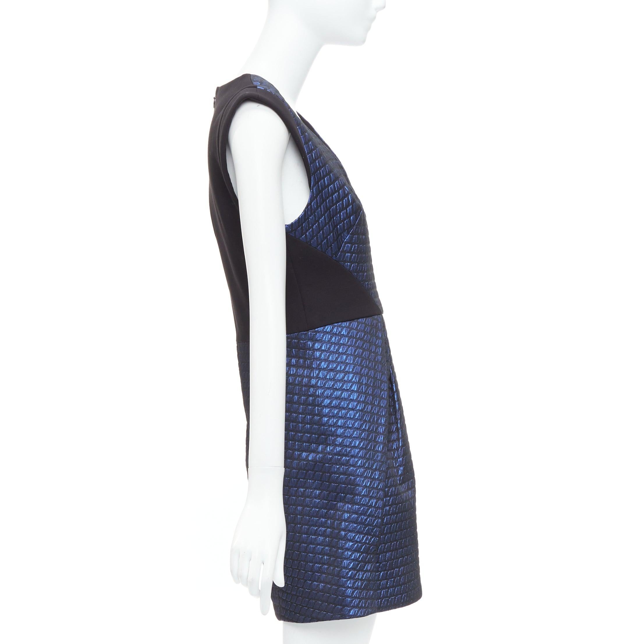 TIBI blue black quilted lurex jacquard V-neck mini dress US6 M In Good Condition For Sale In Hong Kong, NT