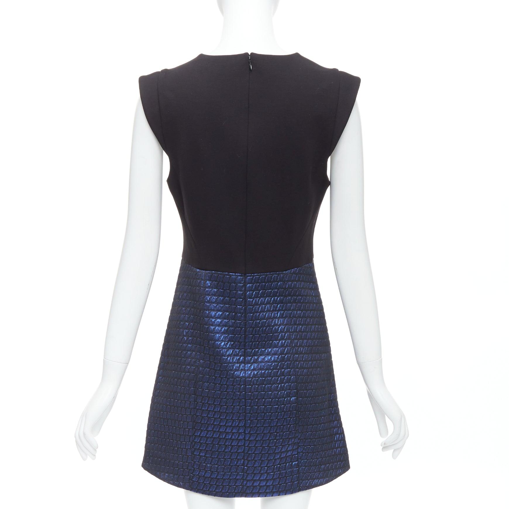 Women's TIBI blue black quilted lurex jacquard V-neck mini dress US6 M For Sale