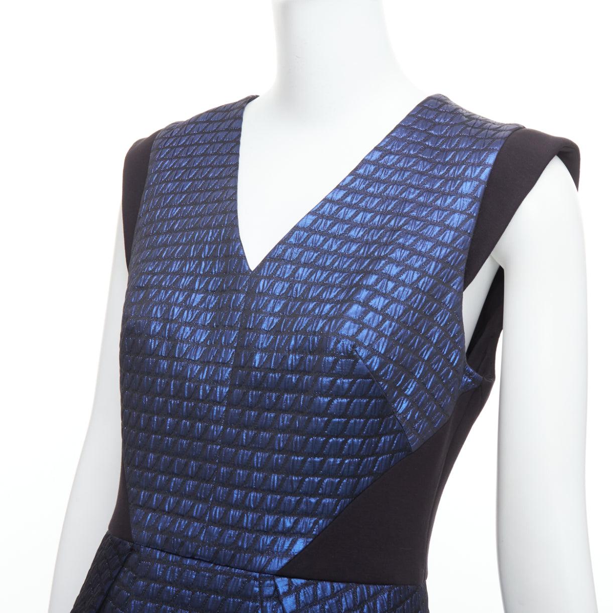 TIBI blue black quilted lurex jacquard V-neck mini dress US6 M For Sale 2