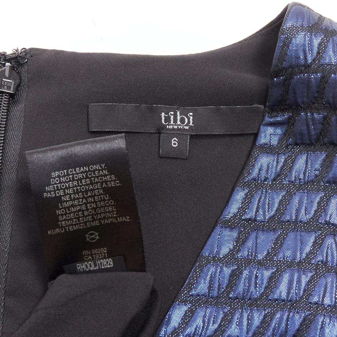 TIBI blue black quilted lurex jacquard V-neck mini dress US6 M For Sale 3