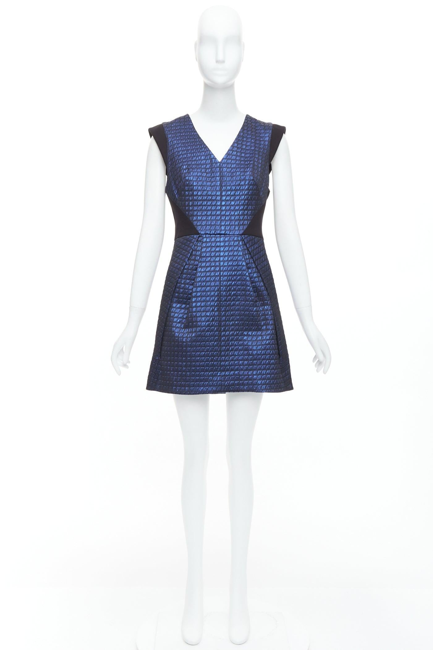 TIBI blue black quilted lurex jacquard V-neck mini dress US6 M For Sale 4