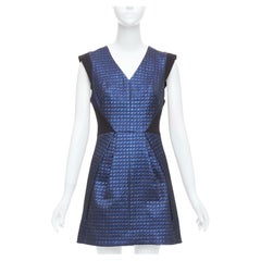 Mini robe TIBI bleue noire matelassée en jacquard de lurex col V taille US 6 M