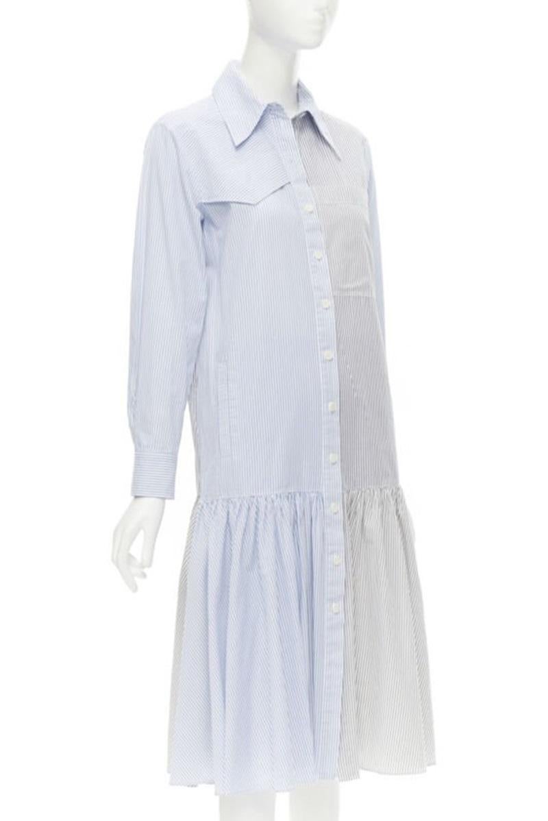 Gray TIBI blue grey striped cotton asymmetric pockets flutter skirt shirt dress XS For Sale