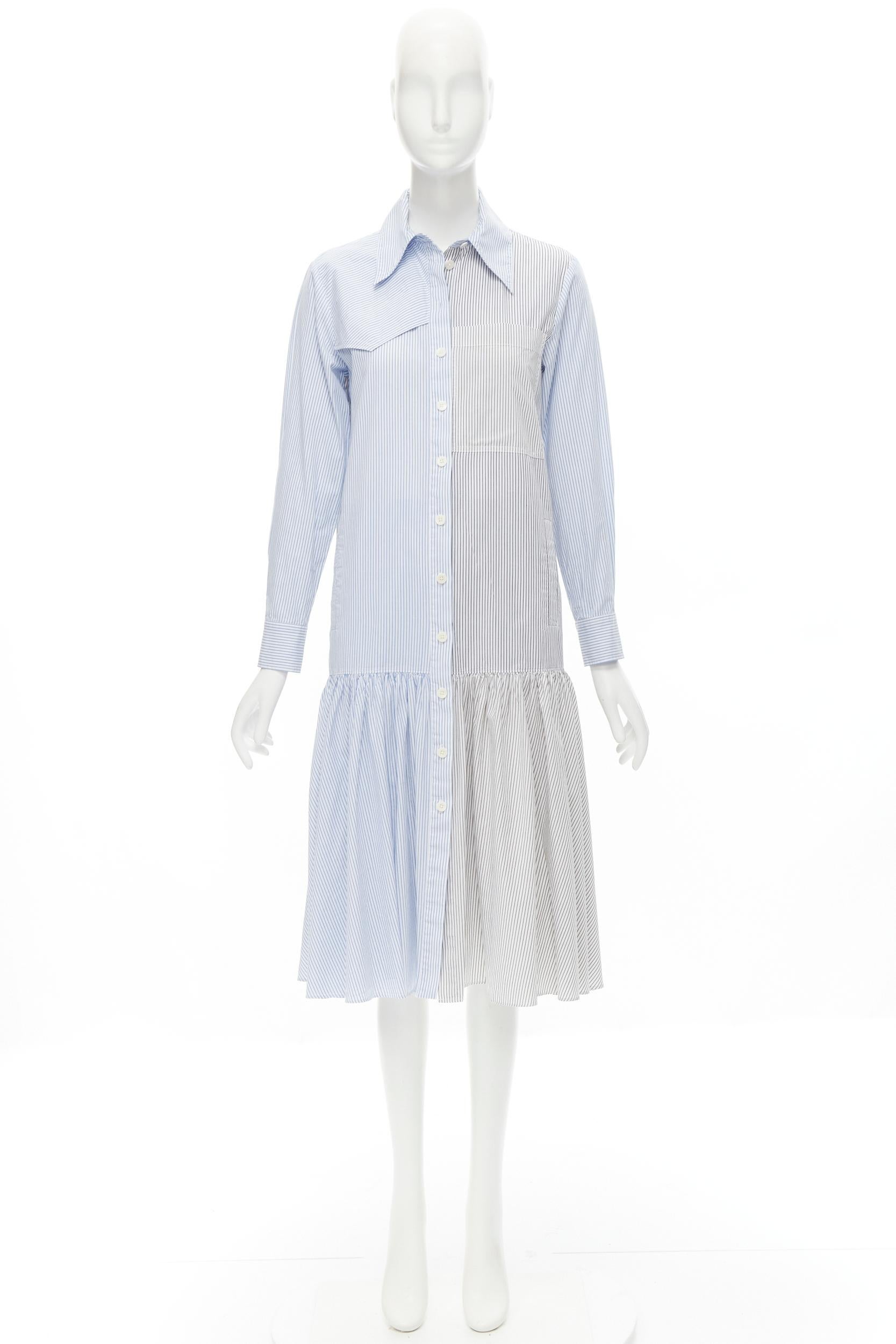 TIBI blue grey striped cotton asymmetric pockets flutter skirt shirt dress XS For Sale 1