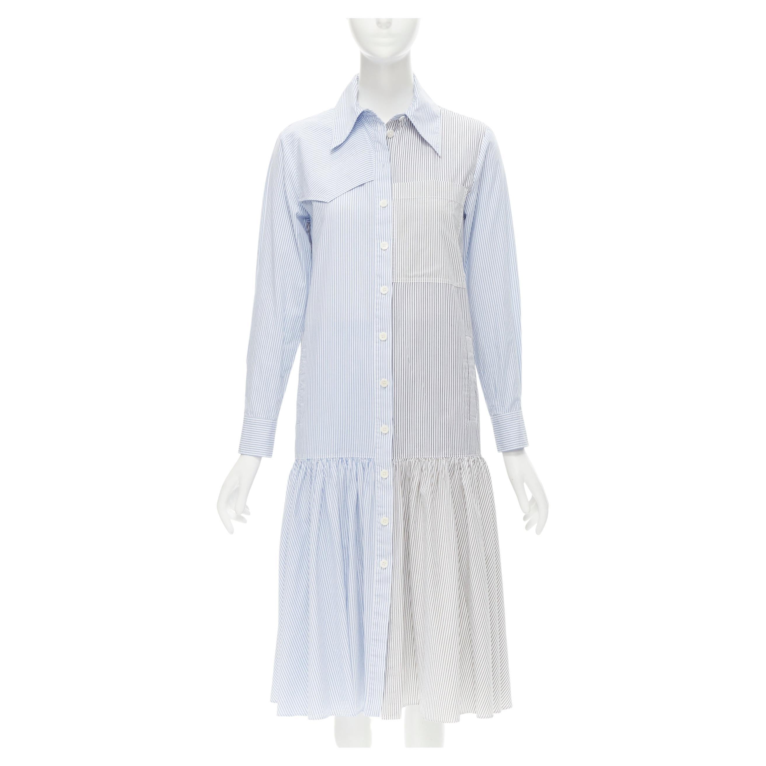 TIBI blue grey striped cotton asymmetric pockets flutter skirt shirt dress XS